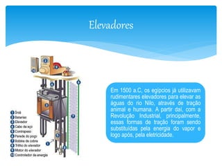 Elevadores 
Em 1500 a.C, os egípcios já utilizavam 
rudimentares elevadores para elevar as 
águas do rio Nilo, através de tração 
animal e humana. A partir daí, com a 
Revolução Industrial, principalmente, 
essas formas de tração foram sendo 
substituídas pela energia do vapor e 
logo após, pela eletricidade. 
 