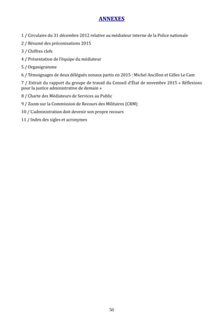 ANNEXES
1 / Circulaire du 31 décembre 2012 relative au médiateur interne de la Police nationale
2 / Résumé des préconisations 2015
3 / Chiffres clefs
4 / Présentation de l’équipe du médiateur
5 / Organigramme
6 / Témoignages de deux délégués zonaux partis en 2015 : Michel Ancillon et Gilles Le Cam
7 / Extrait du rapport du groupe de travail du Conseil d’État de novembre 2015 « Réflexions
pour la justice administrative de demain »
8 / Charte des Médiateurs de Services au Public
9 / Zoom sur la Commission de Recours des Militaires (CRM)
10 / L’administration doit devenir son propre recours
11 / Index des sigles et acronymes
50
 