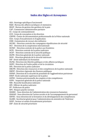 Annexe 11
Index des Sigles et Acronymes
ASA : Avantage spécifique d’ancienneté
BAJS : Bureau des affaires juridiques et statutaires
BGGP : Bureau de gestion des gardiens de la paix
CAP : Commission administrative paritaire
CC : Corps de commandement
CCD : Corps de conception et de direction
CDPPN : Centre de documentation professionnelle de la Police nationale
CEA : Corps d’encadrement et d’application
CRM : Commission de recours des militaires
DCCRS : Direction centrale des compagnies républicaines de sécurité
DCI : Direction de la coopération internationale
DCPAF : Direction centrale de la police aux frontières
DCPJ : Direction centrale de la police judiciaire
DCSP : Direction centrale de la sécurité publique
DGPN : Direction générale de la police nationale
DGSI : Direction générale de la sécurité intérieure
DIF : Droit individuel à la formation
DLPAJ : Direction des libertés publiques et des affaires juridiques
DOPC: Direction de l’ordre public et de la circulation
DPJ : Direction de la police judiciaire
DRCPN : Direction des ressources et des compétences de la police nationale
DRFIP : Direction régionale des finances publiques
DSPAP: Direction de la sécurité de proximité de l’agglomération parisienne
ENSP : École nationale supérieure de la police
GEPEC : Gestion prévisionnelle des emplois et des compétences
IGPN : Inspection générale de la police nationale
NBI : Nouvelle bonification indiciaire
OPJ : Officier de police judiciaire
PP : Préfecture de police
RPS : Risques psycho-sociaux
SDARH : Sous-direction de l’administration des ressources humaines
SDASAP : Sous-direction de l’action sociale et de l’accompagnement du personnel
SDFDC : Sous-direction de la formation et du développement des compétences
SGAMI : Secrétariat général pour l'administration du ministère de l'Intérieur
SUEP : Secteur et unités d’encadrement prioritaire
ZSP : Zone de sécurité prioritaire
88
 