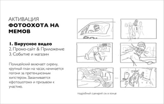 АКТИВАЦИЯ
ФОТООХОТА НА
МЕМОВ
1. Вирусное видео
2. Промо-сайт & Приложение
3. Событие и магазин
Полицейский включает сирену,
крупный план на часах, начинается
погоня за претенциозным
хипстером. Заканчивается
«фотошотом» и призывом к
участию.
подробный сценарий см. в конце
 