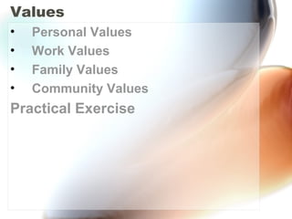 Values
• Personal Values
• Work Values
• Family Values
• Community Values
Practical Exercise
 