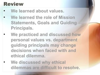 Review
• We learned about values.
• We learned the role of Mission
Statements, Goals and Guiding
Principals.
• We practice...