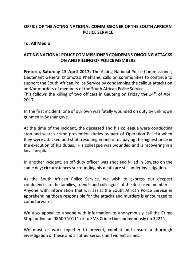 Saps Statement.pdf SAPS statement on police killings | DOCX | Crime & Harmful Acts to ...