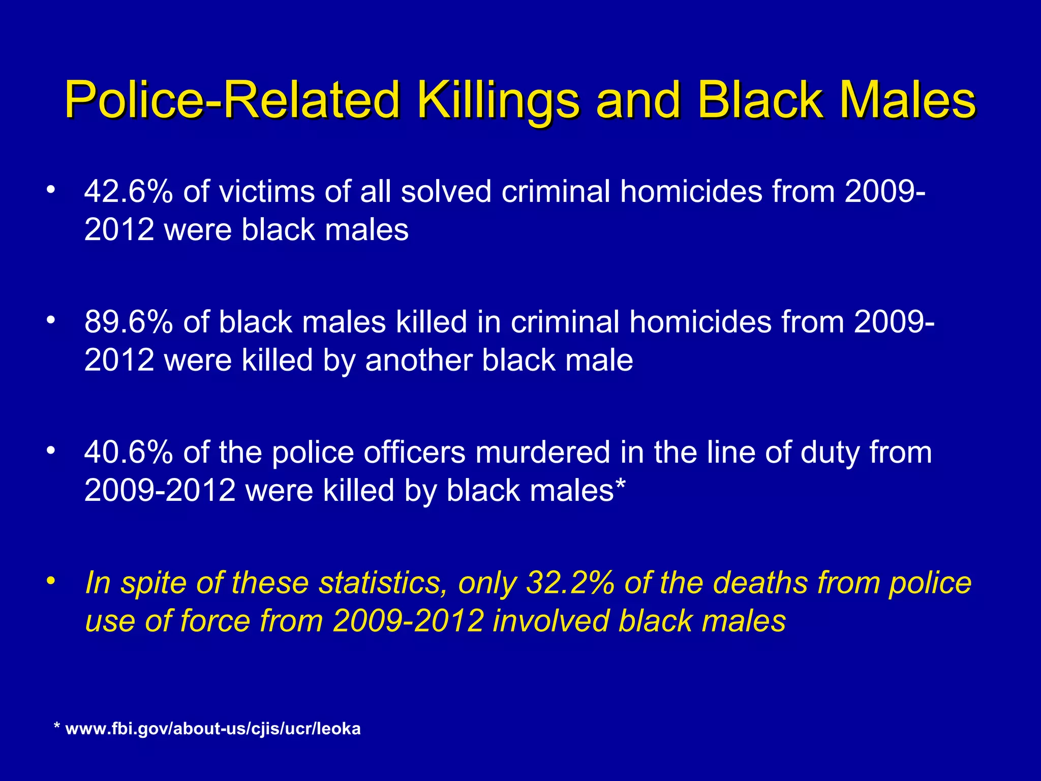 Police-Related Killings and Black MalesPolice-Related Killings and Black Males
• 42.6% of victims of all solved criminal homicides from 2009-
2012 were black males
• 89.6% of black males killed in criminal homicides from 2009-
2012 were killed by another black male
• 40.6% of the police officers murdered in the line of duty from
2009-2012 were killed by black males*
• In spite of these statistics, only 32.2% of the deaths from police
use of force from 2009-2012 involved black males
* www.fbi.gov/about-us/cjis/ucr/leoka
 