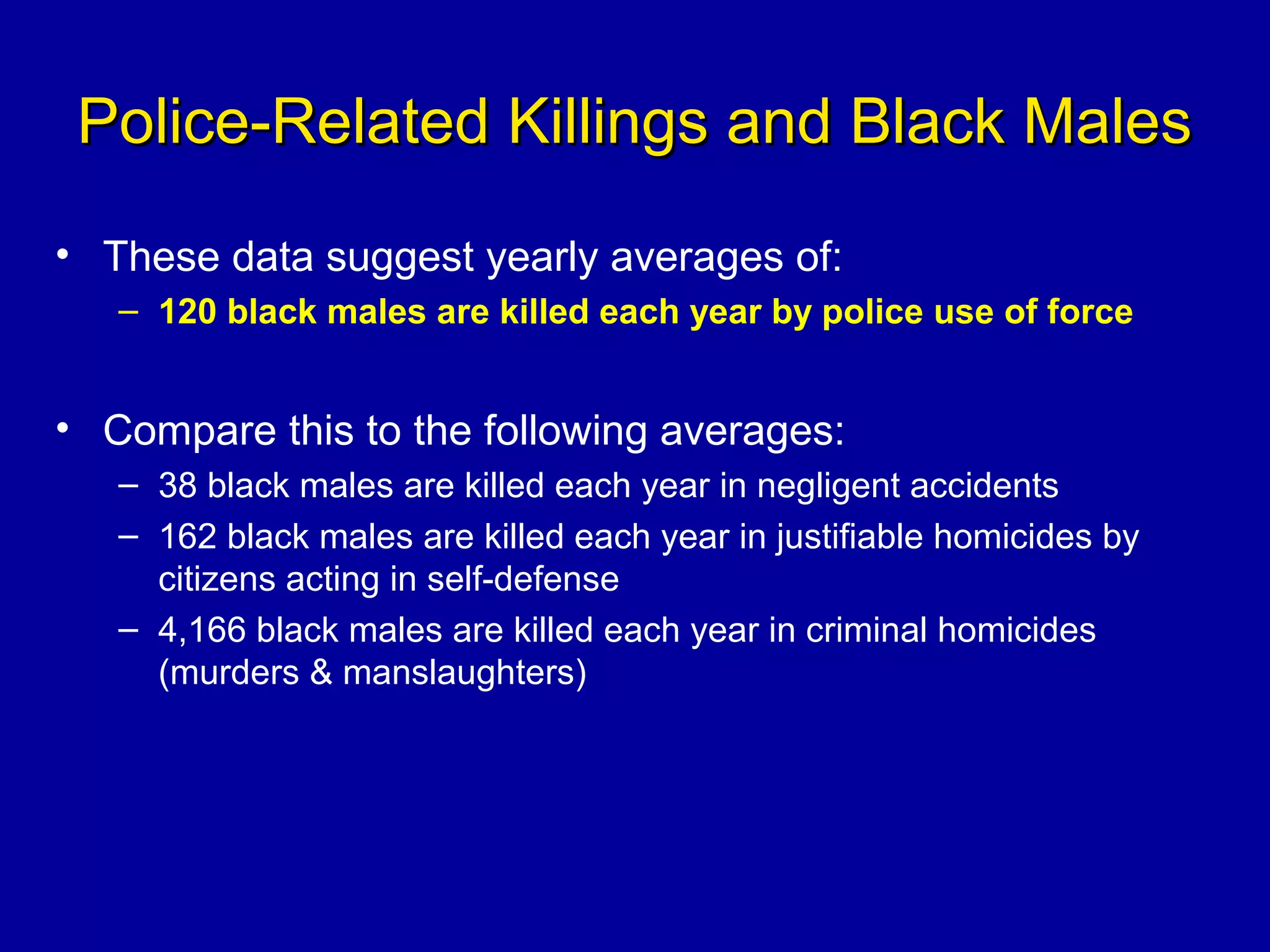 Police-Related Killings and Black MalesPolice-Related Killings and Black Males
• These data suggest yearly averages of:
– 120 black males are killed each year by police use of force
• Compare this to the following averages:
– 38 black males are killed each year in negligent accidents
– 162 black males are killed each year in justifiable homicides by
citizens acting in self-defense
– 4,166 black males are killed each year in criminal homicides
(murders & manslaughters)
 