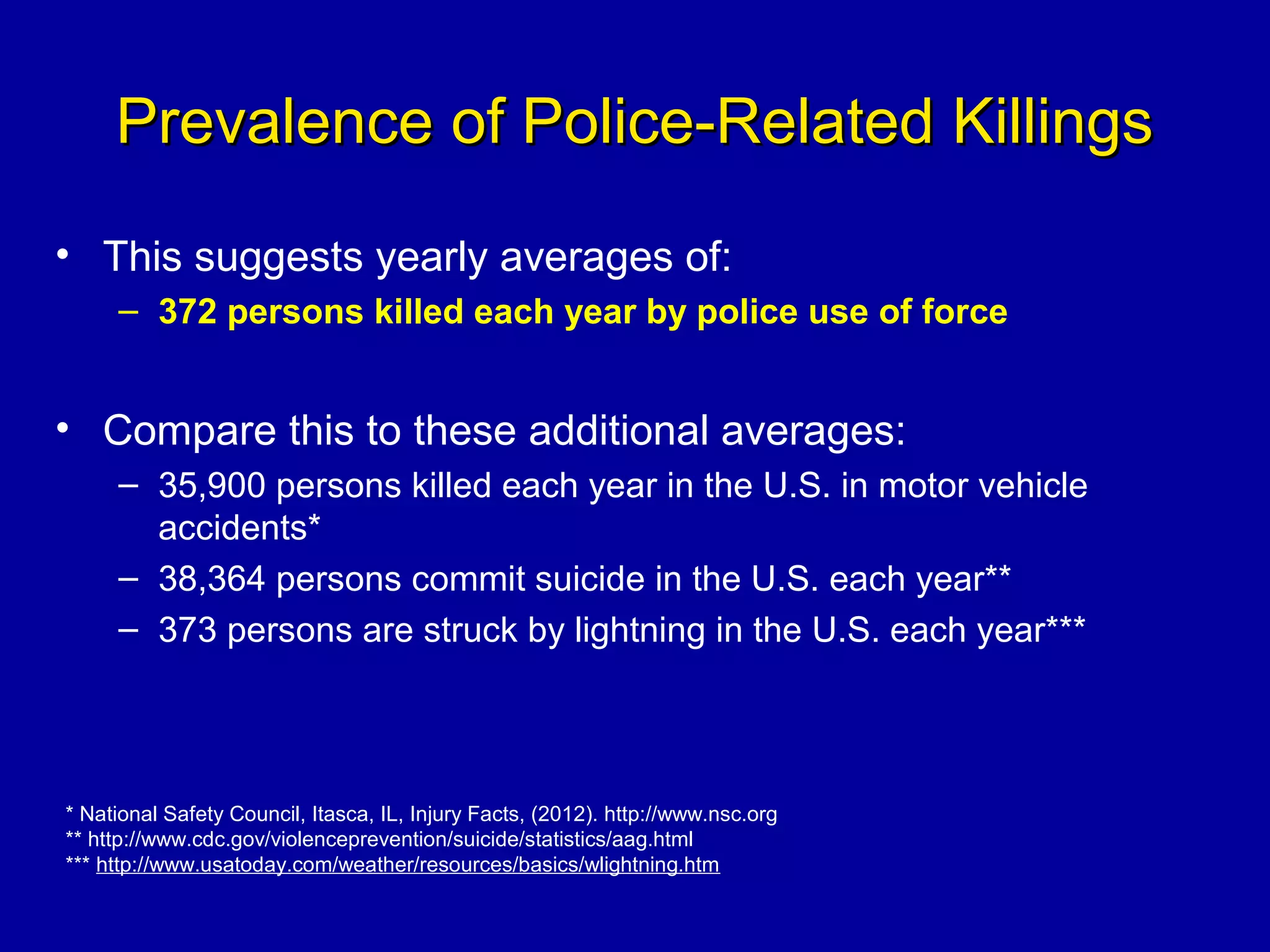 Prevalence of Police-Related KillingsPrevalence of Police-Related Killings
• This suggests yearly averages of:
– 372 persons killed each year by police use of force
• Compare this to these additional averages:
– 35,900 persons killed each year in the U.S. in motor vehicle
accidents*
– 38,364 persons commit suicide in the U.S. each year**
– 373 persons are struck by lightning in the U.S. each year***
* National Safety Council, Itasca, IL, Injury Facts, (2012). http://www.nsc.org
** http://www.cdc.gov/violenceprevention/suicide/statistics/aag.html
*** http://www.usatoday.com/weather/resources/basics/wlightning.htm
 