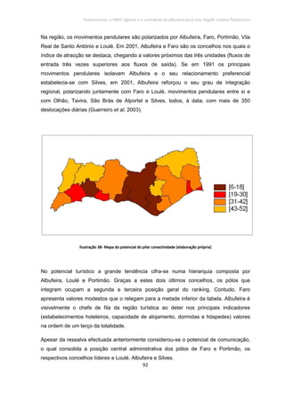 Policentrismo, o PROT Algarve e o contributo de Albufeira para uma Região Urbana Policêntrica
92
Na região, os movimentos pendulares são polarizados por Albufeira, Faro, Portimão, Vila
Real de Santo António e Loulé. Em 2001, Albufeira e Faro são os concelhos nos quais o
índice de atracção se destaca, chegando a valores próximos das três unidades (fluxos de
entrada três vezes superiores aos fluxos de saída). Se em 1991 os principais
movimentos pendulares isolavam Albufeira e o seu relacionamento preferencial
estabelecia-se com Silves, em 2001, Albufeira reforçou o seu grau de integração
regional, polarizando juntamente com Faro e Loulé, movimentos pendulares entre si e
com Olhão, Tavira, São Brás de Alportel e Silves, todos, à data, com mais de 350
deslocações diárias (Guerreiro et al, 2003).
IlustraçãoIlustraçãoIlustraçãoIlustração 38383838---- Mapa do potencial do pilar conectividadeMapa do potencial do pilar conectividadeMapa do potencial do pilar conectividadeMapa do potencial do pilar conectividade (elaboração própria)(elaboração própria)(elaboração própria)(elaboração própria)
No potencial turístico a grande tendência cifra-se numa hierarquia composta por
Albufeira, Loulé e Portimão. Graças a estes dois últimos concelhos, os pólos que
integram ocupam a segunda e terceira posição geral do ranking. Contudo, Faro
apresenta valores modestos que o relegam para a metade inferior da tabela. Albufeira é
visivelmente o chefe de fila da região turística ao deter nos principais indicadores
(estabelecimentos hoteleiros, capacidade de alojamento, dormidas e hóspedes) valores
na ordem de um terço da totalidade.
Apesar da ressalva efectuada anteriormente considerou-se o potencial de comunicação,
o qual consolida a posição central administrativa dos pólos de Faro e Portimão, os
respectivos concelhos líderes e Loulé, Albufeira e Silves.
 