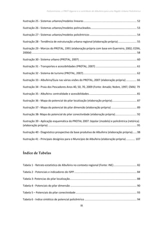 Policentrismo, o PROT Algarve e o contributo de Albufeira para uma Região Urbana Policêntrica
IX
Ilustração 25 - Sistemas urbanos/modelos lineares ....................................................................... 52
Ilustração 26 - Sistemas urbanos/modelos polinucleados.............................................................. 53
Ilustração 27 - Sistemas urbanos/modelos policêntricos ............................................................... 54
Ilustração 28 - Tendência de estruturação urbana regional (elaboração própria)......................... 55
Ilustração 29 - Marcos do PROTAL, 1991 (elaboração própria com base em Guerreiro, 2002; CCRA,
2000d) ............................................................................................................................................. 58
Ilustração 30 - Sistema urbano (PROTAL, 2007) ............................................................................. 60
Ilustração 31 - Transportes e acessibilidades (PROTAL, 2007) ....................................................... 61
Ilustração 32 - Sistema de turismo (PROTAL, 2007)........................................................................ 62
Ilustração 33 - Albufeira/Guia nas várias visões do PROTAL, 2007 (elaboração própria) …………… 66
Ilustração 34 - Praia dos Pescadores Anos 40, 50, 70, 2009 (Fonte: Amado; Nobre, 1997, CMA) 79
Ilustração 35 - Albufeira: centralidade e acessibilidades................................................................ 81
Ilustração 36 - Mapa do potencial do pilar localização (elaboração própria)................................. 87
Ilustração 37 - Mapa do potencial do pilar dimensão (elaboração própria) .................................. 89
Ilustração 38- Mapa do potencial do pilar conectividade (elaboração própria)............................. 92
Ilustração 39 - Aplicação esquemática do PROTAL 2007: bipolar (modelo) e policêntrica (retórica)
(elaboração própria) ....................................................................................................................... 95
Ilustração 40 - Diagnóstico prospectivo da base produtiva de Albufeira (elaboração própria)…….98
Ilustração 41 - Principais desígnios para o Município de Albufeira (elaboração própria) ............ 107
Índice de Tabelas
Tabela 1 - Retrato estatístico de Albufeira no contexto regional (Fonte: INE)............................... 82
Tabela 2 - Potenciais e indicadores do ISPP.................................................................................... 84
Tabela 3- Potencias do pilar localização.......................................................................................... 88
Tabela 4 - Potenciais do pilar dimensão ......................................................................................... 90
Tabela 5 – Potenciais do pilar conectividade.................................................................................. 93
Tabela 6 - Indice sintético de potencial policêntrico ...................................................................... 94
 