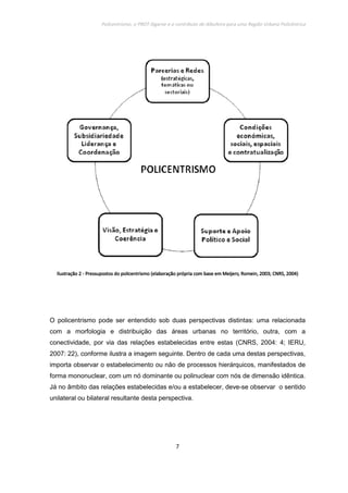 Policentrismo, o PROT Algarve e o contributo de Albufeira para uma Região Urbana Policêntrica
7
IlustraçãoIlustraçãoIlustraçãoIlustração 2222 ---- Pressupostos doPressupostos doPressupostos doPressupostos do policentrismo (elaboração própria com base em Meijers; Romein, 2003; CNRS, 2004)policentrismo (elaboração própria com base em Meijers; Romein, 2003; CNRS, 2004)policentrismo (elaboração própria com base em Meijers; Romein, 2003; CNRS, 2004)policentrismo (elaboração própria com base em Meijers; Romein, 2003; CNRS, 2004)
O policentrismo pode ser entendido sob duas perspectivas distintas: uma relacionada
com a morfologia e distribuição das áreas urbanas no território, outra, com a
conectividade, por via das relações estabelecidas entre estas (CNRS, 2004: 4; IERU,
2007: 22), conforme ilustra a imagem seguinte. Dentro de cada uma destas perspectivas,
importa observar o estabelecimento ou não de processos hierárquicos, manifestados de
forma mononuclear, com um nó dominante ou polinuclear com nós de dimensão idêntica.
Já no âmbito das relações estabelecidas e/ou a estabelecer, deve-se observar o sentido
unilateral ou bilateral resultante desta perspectiva.
 