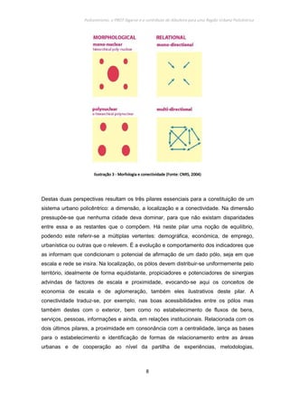 Policentrismo, o PROT Algarve e o contributo de Albufeira para uma Região Urbana Policêntrica
8
IlustraçãoIlustraçãoIlustraçãoIlustração 3333 ---- Morfologia e conectividade (Fonte: CNRS, 2004)Morfologia e conectividade (Fonte: CNRS, 2004)Morfologia e conectividade (Fonte: CNRS, 2004)Morfologia e conectividade (Fonte: CNRS, 2004)
Destas duas perspectivas resultam os três pilares essenciais para a constituição de um
sistema urbano policêntrico: a dimensão, a localização e a conectividade. Na dimensão
pressupõe-se que nenhuma cidade deva dominar, para que não existam disparidades
entre essa e as restantes que o compõem. Há neste pilar uma noção de equilíbrio,
podendo este referir-se a múltiplas vertentes: demográfica, económica, de emprego,
urbanística ou outras que o relevem. É a evolução e comportamento dos indicadores que
as informam que condicionam o potencial de afirmação de um dado pólo, seja em que
escala e rede se insira. Na localização, os pólos devem distribuir-se uniformemente pelo
território, idealmente de forma equidistante, propiciadores e potenciadores de sinergias
advindas de factores de escala e proximidade, evocando-se aqui os conceitos de
economia de escala e de aglomeração, também eles ilustrativos deste pilar. A
conectividade traduz-se, por exemplo, nas boas acessibilidades entre os pólos mas
também destes com o exterior, bem como no estabelecimento de fluxos de bens,
serviços, pessoas, informações e ainda, em relações institucionais. Relacionada com os
dois últimos pilares, a proximidade em consonância com a centralidade, lança as bases
para o estabelecimento e identificação de formas de relacionamento entre as áreas
urbanas e de cooperação ao nível da partilha de experiências, metodologias,
 