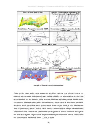 Policentrismo, o PROT Algarve e o contributo de Albufeira para uma Região Urbana Policêntrica
50
PROTAL, CCR Algarve, 1991 Grandes Tendências de Organização do
Território (excerto), Jorge Gaspar, 1992
Rede Urbana Prospectiva (excerto), DGDR,
1993
Concentrações Urbanas (excerto), Mendes
Baptista, 1996
PEDRA, AMAL, 1999
Sistema Urbano Nacional – Síntese
(excerto), DGOTDU, 2002
Dinâmicas Urbanas e Territoriais (excerto),
Quaternaire, 1996
IlustraçãoIlustraçãoIlustraçãoIlustração 24242424 ---- Sistemas urbanos/modelos bipolaresSistemas urbanos/modelos bipolaresSistemas urbanos/modelos bipolaresSistemas urbanos/modelos bipolares
Existe porém nesta visão, uma nuance ao equilíbrio regional que foi mencionada por
exemplo nos trabalhos de Baptista (1996) e AMAL (1999) com a intrusão de Albufeira, ou
de um sistema por ela liderado, onde as duas principais aglomerações se encontravam,
funcionando Albufeira como ponto de intersecção, estruturação e articulação territorial,
tendendo assim para uma leitura polinucleada. Esta função havia já sido referida nos
anos 50 por Ferro (1956 in Cavaco, 1976) devido à intensidade de tráfego nas estradas e
à frequência das carreiras de camionetas que sugeriam a divisão funcional do Algarve
em duas sub-regiões, organizadas respectivamente por Portimão e Faro e contactando
nos concelhos de Albufeira e Silves - Loulé, a Norte.
 