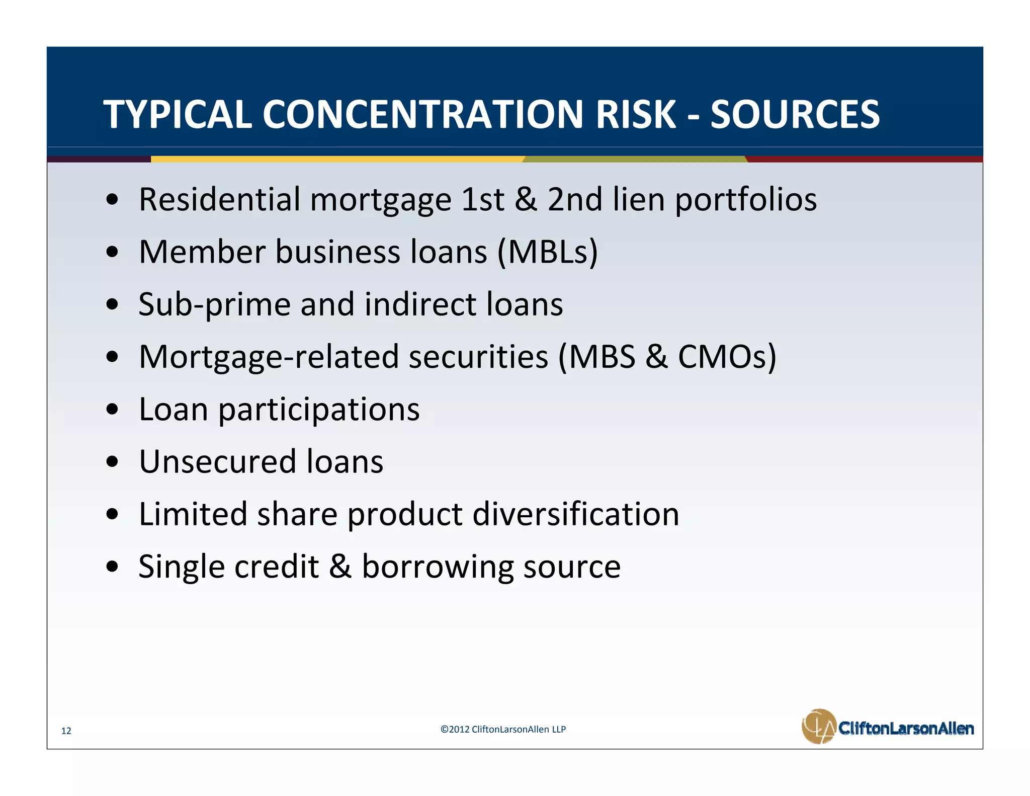 TYPICAL CONCENTRATION RISK ‐ SOURCES
     •   Residential mortgage 1st & 2nd lien portfolios 
     •   Member business loans (MBLs) 
         Member business loans (MBLs)
     •   Sub‐prime and indirect loans 
     •   Mortgage‐related securities (MBS & CMOs) 
         M t           l t d    iti (MBS & CMO )
     •   Loan participations 
     •   Unsecured loans 
                     l
     •   Limited share product diversification 
     •   Single credit & borrowing source 



12                           ©2012 CliftonLarsonAllen LLP
 