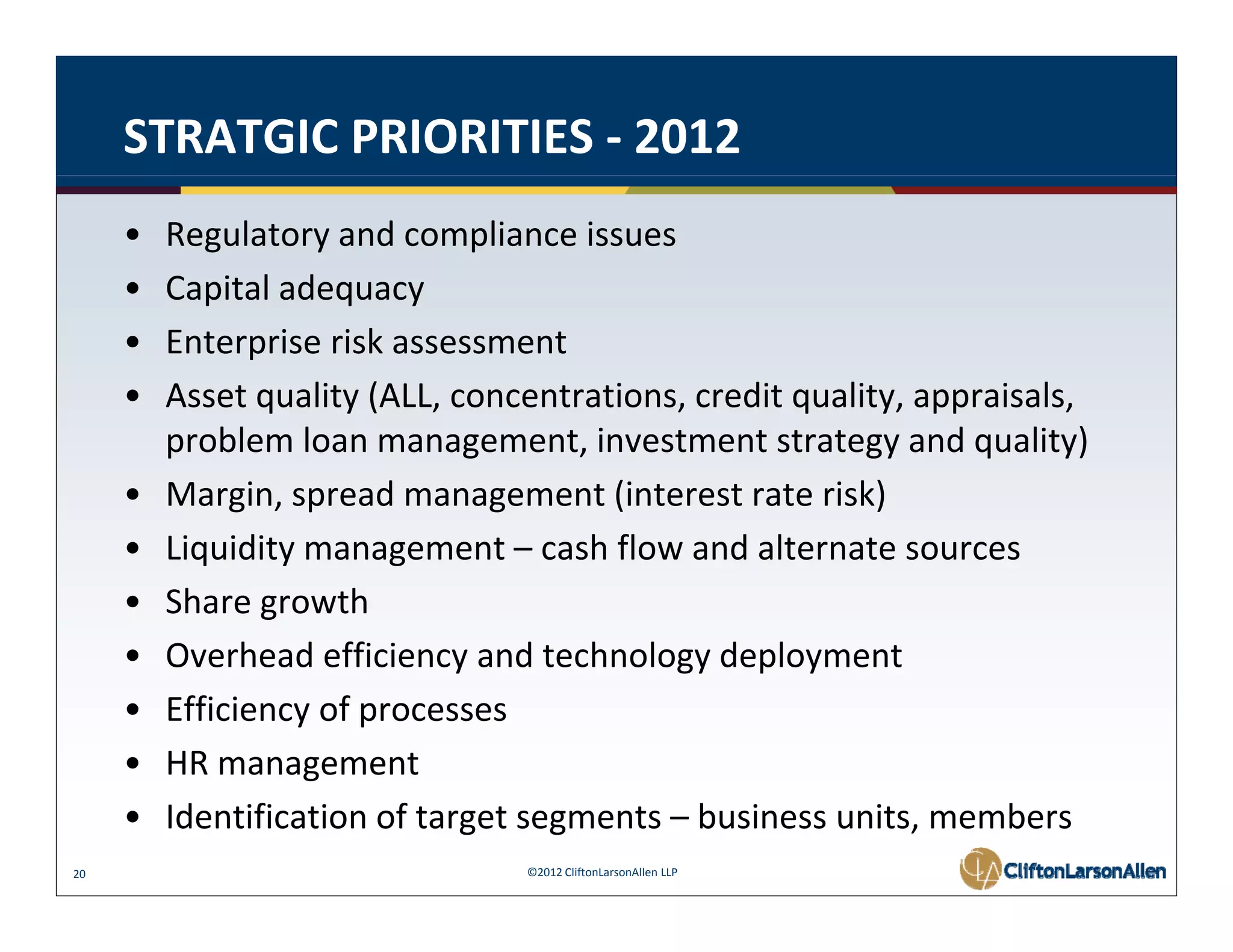 STRATGIC PRIORITIES ‐ 2012
     •   Regulatory and compliance issues
     •   Capital adequacy
         Capital adequacy
     •   Enterprise risk assessment
     •   Asset quality (ALL, concentrations, credit quality, appraisals, 
         problem loan management, investment strategy and quality)
     •   Margin, spread management (interest rate risk)
     •   Liquidity management – cash flow and alternate sources
          i idi                       h fl     d l
     •   Share growth
     •   Overhead efficiency and technology deployment
         Overhead efficiency and technology deployment
     •   Efficiency of processes
     •             g
         HR management
     •   Identification of target segments – business units, members
20                                ©2012 CliftonLarsonAllen LLP
 