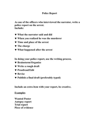 Police Report


As one of the officers who interviewed the narrator, write a
police report on the arrest.
Include:

♥ What the narrator said and did
♥ When you realized he was the murderer
♥ Time and place of the arrest
♥ The charge
♥ What happened after the arrest


In doing your police report, use the writing process.
♥ Brainstorm/Organize
♥ Write a rough draft
♥ Proofread/Edit
♥ Revise
♥ Publish a final draft (preferably typed)


Include an extra item with your report, be creative.

Examples

Wanted Poster
Autopsy report
Trial report
Piece of evidence
 