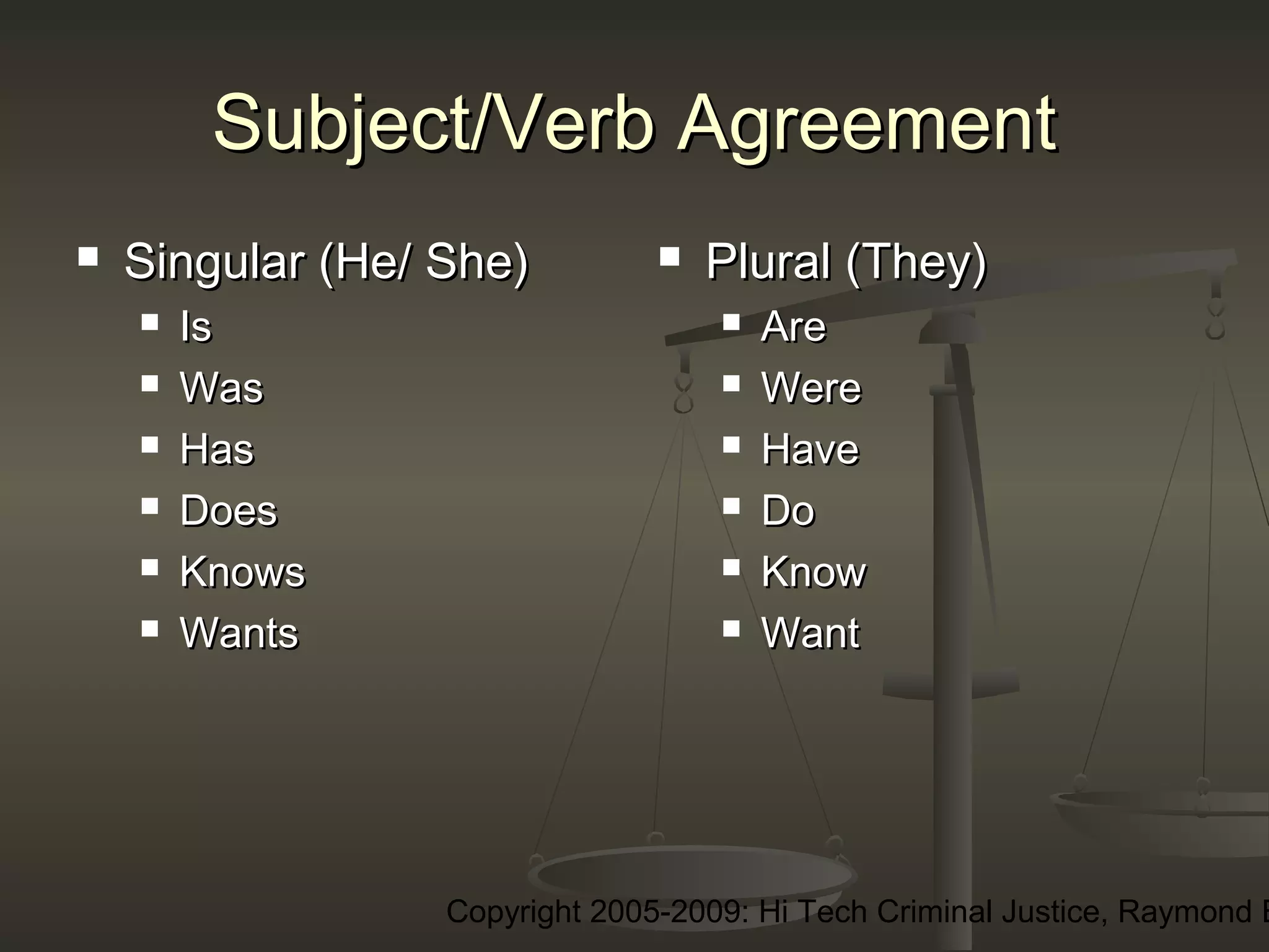 Copyright 2005-2009: Hi Tech Criminal Justice, Raymond E
Subject/Verb AgreementSubject/Verb Agreement
 Singular (He/ She)Singular (He/ She)
 IsIs
 WasWas
 HasHas
 DoesDoes
 KnowsKnows
 WantsWants
 Plural (They)Plural (They)
 AreAre
 WereWere
 HaveHave
 DoDo
 KnowKnow
 WantWant
 