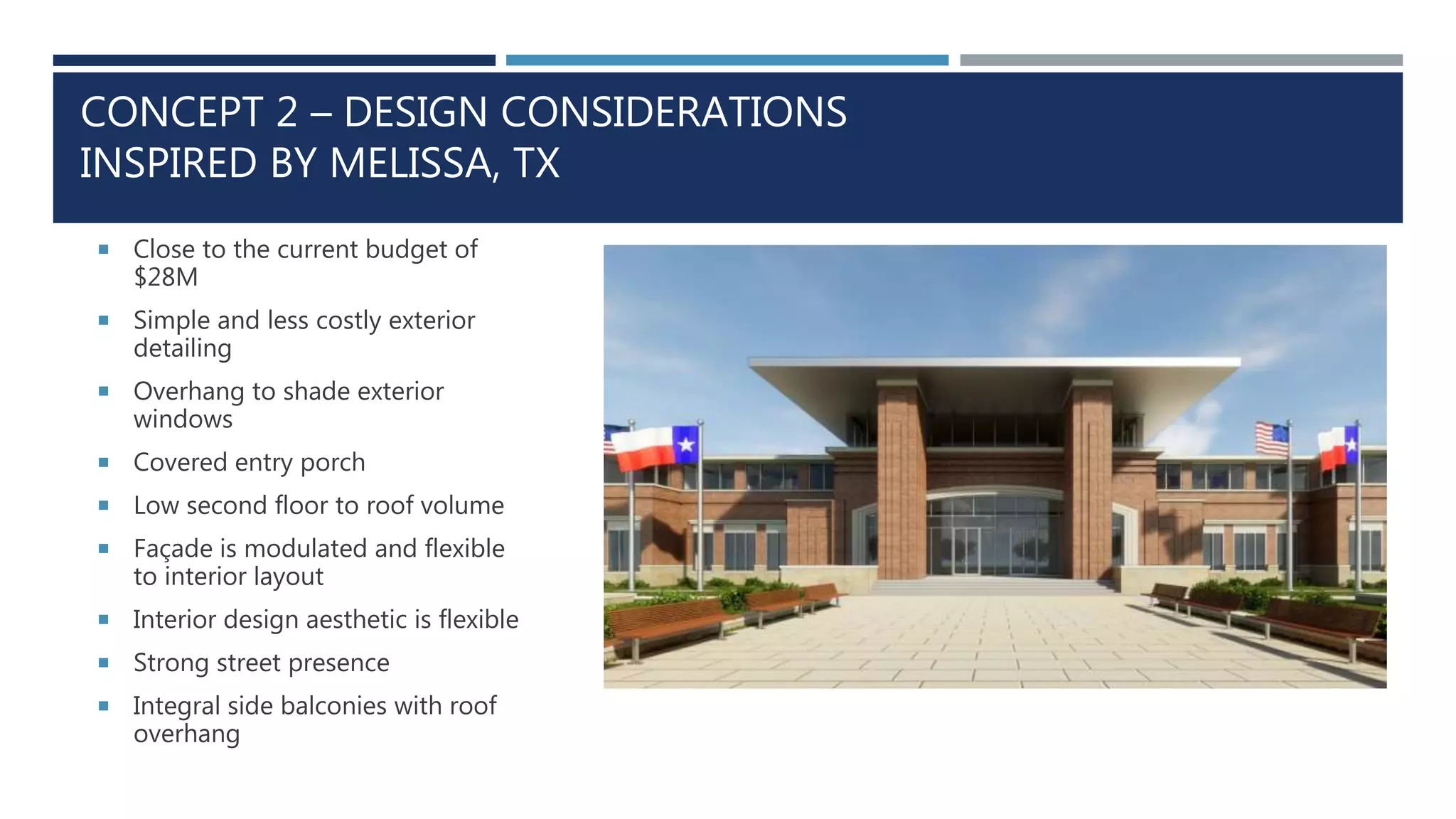 CONCEPT 2 – DESIGN CONSIDERATIONS
INSPIRED BY MELISSA, TX
 Close to the current budget of
$28M
 Simple and less costly exterior
detailing
 Overhang to shade exterior
windows
 Covered entry porch
 Low second floor to roof volume
 Façade is modulated and flexible
to interior layout
 Interior design aesthetic is flexible
 Strong street presence
 Integral side balconies with roof
overhang
 