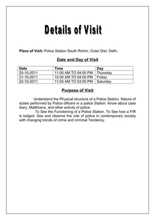 Place of Visit: Police Station South Rohini, Outer Dist. Delhi.

Date and Day of Visit
Date
20-10-2011
21-10-2011
22-10-2011

Time
11:00 AM TO 04:00 PM
10:00 AM TO 04:00 PM
11:00 AM TO 03:00 PM

Day
Thursday
Friday
Saturday

Purpose of Visit
Understand the Physical structure of a Police Station. Nature of
duties performed by Police officers in a police Station. Know about case
diary, Mallkhana, and other activity of police.
To See the Functioning of a Police Station, To See how a FIR
is lodged. See and observe the role of police in contemporary society
with changing trends of crime and criminal Tendency.

 