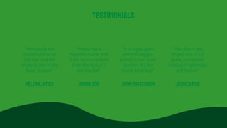 TESTIMONIALS
Helenajames
“Mercury is the
closest planet to
the Sun and the
smallest one in the
Solar System”
Jennadoe
“Venus has a
beautiful name and
is the second planet
from the Sun. It’s
terribly hot”
Johnpatterson
“It is a gas giant
and the biggest
planet in our Solar
System. It’s the
fourth brightest”
JessicaRoe
“Yes, this is the
ringed one. It’s a
giant, composed
mostly of hydrogen
and helium”
 