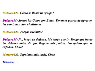 Meteoro123:  Cómo se llama tu equipo?  Dulzura14:  Somos los Gatos con Botas. Tenemos garras de tigres en las camisetas. Son chulísimas…  Meteoro123:  Juegas adelante?  Dulzura14:  No, juego en defensa. Me tengo que ir. Tengo que hacer los deberes antes de que lleguen mis padres. No quiero que se enfaden. Chao! Meteoro123:  Seguimos más tarde. Chao  Mientras…. 