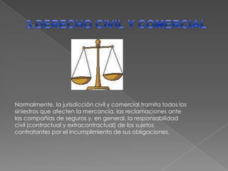 3.DERECHO CIVIL Y COMERCIALNormalmente, la jurisdicción civil y comercial tramita todos los siniestros que afecten la mercancía, las reclamaciones ante las compañías de seguros y, en general, la responsabilidad civil (contractual y extracontractual) de los sujetos contratantes por el incumplimiento de sus obligaciones.