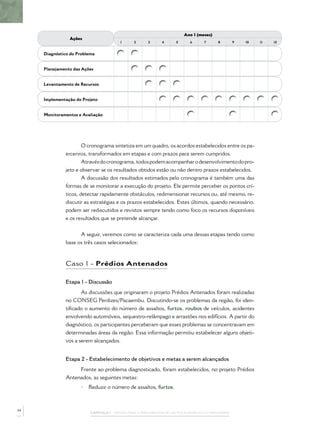 CAPÍTULO 1 – PASSOS PARA A IMPLEMENTAÇÃO DO POLICIAMENTO COMUNITÁRIO
Ações
Ano 1 (meses)
1 2 3 4 5 6 7 8 9 10 11 12
Diagnóstico do Problema
Planejamento das Ações
Levantamento de Recursos
Implementação do Projeto
Monitoramentos e Avaliação
O cronograma sintetiza em um quadro, os acordos estabelecidos entre os pa-
erceriros, transformados em etapas e com prazos para serem cumpridos.
Atravésdocronograma,todospodemacompanharodesenvolvimentodopro-
jeto e observar se os resultados obtidos estão ou não dentro prazos estabelecidos.
A discussão dos resultados estimados pelo cronograma é também uma das
formas de se monitorar a execução do projeto. Ele permite perceber os pontos crí-
ticos, detectar rapidamente obstáculos, redimensionar recursos ou, até mesmo, re-
discutir as estratégias e os prazos estabelecidos. Estes últimos, quando necessário,
podem ser rediscutidos e revistos sempre tendo como foco os recursos disponíveis
e os resultados que se pretende alcançar.
A seguir, veremos como se caracteriza cada uma dessas etapas tendo como
base os três casos selecionados:
Caso 1 - Prédios Antenados
Etapa 1 - Discussão
As discussões que originaram o projeto Prédios Antenados foram realizadas
no CONSEG Perdizes/Pacaembu. Discutindo-se os problemas da região, foi iden-
tiﬁcado o aumento do número de assaltos, furtos, roubos de veículos, acidentes
envolvendo automóveis, sequestro-relâmpago e arrastões nos edifícios. A partir do
diagnóstico, os participantes perceberam que esses problemas se concentravam em
determinadas áreas da região. Essa informação permitiu estabelecer alguns objeti-
vos a serem alcançados.
Etapa 2 - Estabelecimento de objetivos e metas a serem alcançados
Frente ao problema diagnosticado, foram estabelecidos, no projeto Prédios
Antenados, as seguintes metas:
• Reduzir o número de assaltos, furtos.
34
 
