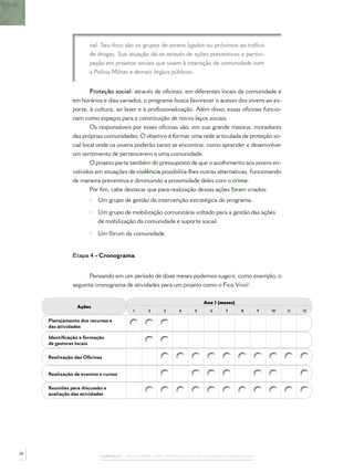 CAPÍTULO 1 – PASSOS PARA A IMPLEMENTAÇÃO DO POLICIAMENTO COMUNITÁRIO
nal. Seu foco são os grupos de jovens ligados ou próximos ao tráﬁco
de drogas. Sua atuação dá-se através de ações preventivas e partici-
pação em projetos sociais que visem à interação da comunidade com
a Polícia Militar e demais órgãos públicos.
Proteção social: através de oﬁcinas, em diferentes locais da comunidade e
em horários e dias variados, o programa busca favorecer o acesso dos jovens ao es-
porte, à cultura, ao lazer e à proﬁssionalização. Além disso, essas oﬁcinas funcio-
nam como espaços para a constituição de novos laços sociais.
Os responsáveis por essas oﬁcinas são, em sua grande maioria, moradores
das próprias comunidades. O objetivo é formar uma rede articulada de proteção so-
cial local onde os jovens poderão tanto se encontrar, como aprender e desenvolver
um sentimento de pertencerem a uma comunidade.
O projeto parte também do pressuposto de que o acolhimento aos jovens en-
volvidos em situações de violência possibilita-lhes outras alternativas, funcionando
de maneira preventiva e diminuindo a proximidade deles com o crime.
Por ﬁm, cabe destacar que para realização dessas ações foram criados:
• Um grupo de gestão da intervenção estratégica do programa.
• Um grupo de mobilização comunitária voltado para a gestão das ações
de mobilização da comunidade e suporte social.
• Um fórum da comunidade.
Etapa 4 - Cronograma
Pensando em um período de doze meses podemos sugerir, como exemplo, o
seguinte cronograma de atividades para um projeto como o Fica Vivo!:
Ações
Ano 1 (meses)
1 2 3 4 5 6 7 8 9 10 11 12
Planejamento dos recursos e
das atividades
Identiﬁcação e formação
de gestores locais
Realização das Oﬁcinas
Realização de eventos e cursos
Reuniões para discussão e
avaliação das atividades
38
 