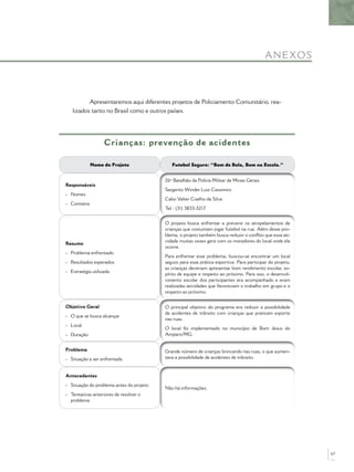 Apresentaremos aqui diferentes projetos de Policiamento Comunitário, rea-
lizados tanto no Brasil como e outros países.
ANEXOS
Crianças: prevenção de acidentes
Nome do Projeto Futebol Seguro: “Bom de Bola, Bom na Escola.”
Responsáveis
- Nomes
- Contatos
26º Batalhão da Polícia Militar de Minas Gerais
Sargento Winder Luiz Cassimiro
Cabo Valter Coelho da Silva
Tel.: (31) 3833-5217
Resumo
- Problema enfrentado
- Resultados esperados
- Estratégia utilizada
O projeto busca enfrentar e prevenir os atropelamentos de
crianças que costumam jogar futebol na rua. Além desse pro-
blema, o projeto também busca reduzir o conﬂito que essa ati-
vidade muitas vezes gera com os moradores do local onde ela
ocorre.
Para enfrentar esse problema, buscou-se encontrar um local
seguro para essa prática esportiva. Para participar do projeto,
as crianças deveriam apresentar bom rendimento escolar, es-
pírito de equipe e respeito ao próximo. Para isso, o desenvol-
vimento escolar dos participantes era acompanhado e eram
realizadas atividades que favoreciam o trabalho em grupo e o
respeito ao próximo.
Objetivo Geral
- O que se busca alcançar
- Local
- Duração
O principal objetivo do programa era reduzir a possibilidade
de acidentes de trânsito com crianças que praticam esporte
nas ruas.
O local foi implementado no município de Bom Jesus do
Amparo/MG.
Problema
- Situação a ser enfrentada
Grande número de crianças brincando nas ruas, o que aumen-
tava a possibilidade de acidentes de trânsito.
Antecedentes
- Situação do problema antes do projeto
- Tentativas anteriores de resolver o
problema
Não há informações.
67
 