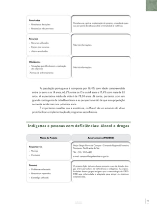 Resultados
- Resultados das ações
- Resultados não previstos
Percebeu-se, após a implantação do projeto, a queda de quei-
xas por parte dos idosos sobre criminalidade e violência.
Recursos
- Recursos utilizados
- Fontes dos recursos
- Atores envolvidos
Não há informações.
Obstáculos
- Situações que diﬁcultaram a realização
dos objetivos
-Formas de enfrentamento
Não há informações.
A população portuguesa é composta por 16,4% com idade compreendida
entre os zero e os 14 anos, 66,2% entre os 15 e os 64 anos e 17,4% com mais de 65
anos. A expectativa média de vida é de 78,04 anos. Já conta, portanto, com um
grande contingente de cidadãos idosos e as perspectivas são de que essa população
aumente ainda mais nos próximos anos.
É importante ressaltar que a existência, no Brasil, de um estatuto do idoso
pode facilitar a implementação de programas semelhantes.
ANEXOS
Indígenas e pessoas com deficiências: álcool e drogas
Nome do Projeto Ação Inclusiva (PROERD)
Responsáveis
- Nomes
- Contatos
Major Sérgio Flores de Campos - Comando Regional Fronteira
Noroeste, Rio Grande do Sul.
Tel.: (55): 3512-6499
e-mail: campos@brigadamilitar.rs.gov.br
Resumo
- Problema enfrentado
- Resultados esperados
- Estratégia utilizada
O projeto Ação Inclusiva busca prevenir o uso de álcool e dro-
gas entre portadores de deﬁciências e indígenas. As especi-
ﬁcidades desses grupos exigem que a metodologia do PRO-
ERD seja reformulada e adaptada para atingir os objetivos
estabelecidos.
73
 