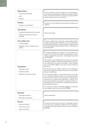 Objetivo Geral
- O que se busca alcançar
- Local
- Duração
Prevenir e reduzir o consumo de álcool e o uso de drogas en-
tre portadores de deﬁciência e indígenas das cidades de Santa
Rosa e Tenente Portela (RS). O projeto existe desde 2007 e
não possui prazo para seu encerramento.
Problema
- Situação a ser enfrentada
Alcoolismo e uso de drogas entre portadores de deﬁciência e
indígenas.
Antecedentes
- Situação do problema antes do projeto
- Tentativas anteriores de resolver o
problema
Não há informações.
Área e Público Alvo
- Local de atuação
- População a quem o projeto procura
atender
Crianças e adolescentes, alunos das escolas indígenas Bento
Pi Gog, Gomercindo Jet Tenh Ribeiro e Um Kej, no Município
de Tenente Portela (RS), e alunos portadores de deﬁciência da
Escola de Educação Especial Albino Mincks, no Município de
Santa Rosa (RS).
Planejamento
- Estratégia e meios
- Divisão de tarefas
- Mudanças ocorridas no projeto
A estratégia adaptada para trabalhar com a prevenção do al-
coolismo e do consumo de drogas entre portadores de deﬁ-
ciência e indígenas foi aprimorar a metodologia desenvolvida
pelo PROERD.
Para atender as especiﬁcidades desses grupos, foi necessário
reformular e adaptar o material até então existente. Assim, fo-
ram criados dois novos guias de orientação: um para trabalhar
com a comunidade indígena e outro para o grupo portador de
deﬁciência.
Para desenvolver esse material, contou-se com os professores
das escolas indígenas de Tenente Portela e da escola Albino
Mincks, de Santa Rosa.
Na comunidade indígena, foi necessário realizar uma reunião
com a liderança local para explicar o que se pretendia fazer,
antes de iniciar o projeto. Com a anuência da liderança local,
iniciaram-se as conversas para desenvolver o material. Ter a
permissão da liderança para realizar o projeto foi também fun-
damental para que os membros da comunidade participassem
das atividades propostas.
Um membro da própria comunidade indígena foi destacado
para trabalhar como instrutor local do PROERD.
Resultados
- Resultados das ações
- Resultados não previstos
Não há informações.
Recursos
- Recursos utilizados
- Fontes dos recursos
- Atores envolvidos
Os atores envolvidos nesse caso foram: coordenação e profes-
sores das escolas, a liderança da aldeia dos índios “kaingang” e
os membros da polícia militar que atuam como instrutores do
PROERD.
ANEXOS
74
 