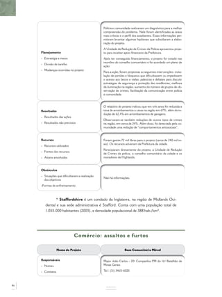 Planejamento
- Estratégia e meios
- Divisão de tarefas
- Mudanças ocorridas no projeto
Polícia e comunidade realizaram um diagnóstico para a melhor
compreensão do problema. Nele foram identiﬁcadas as áreas
mais críticas e o perﬁl dos assaltantes. Essas informações per-
mitiram levantar algumas hipóteses que subsidiaram a elabo-
ração do projeto.
A Unidade de Redução de Crimes da Polícia apresentou proje-
to para receber apoio ﬁnanceiro da Prefeitura.
Após ter conseguido ﬁnanciamento, o projeto foi votado nas
reuniões do conselho comunitário e foi acordado um plano de
ação.
Para a ação, foram propostas as seguintes intervenções: insta-
lação de portões e bloqueios que diﬁcultassem ou impedissem
o acesso aos becos e vielas; palestras e debates para discutir
estratégias de segurança e proteção das residências; melhora
da iluminação na região; aumento do número de grupos de ob-
servação de crimes; facilitação da comunicação entre polícia
e comunidade.
Resultados
- Resultados das ações
- Resultados não previstos
O relatório do projeto indicou que em três anos foi reduzida a
taxa de arrombamentos a casas na região em 67%, além da re-
dução de 62,4% em arrombamentos de garagens.
Observaram-se também reduções de outros tipos de crimes
na região, em cerca de 24%. Além disso, foi detectada pela co-
munidade uma redução de “comportamentos antissociais”.
Recursos
- Recursos utilizados
- Fontes dos recursos
- Atores envolvidos
Foram gastas 72 mil libras para o projeto (cerca de 240 mil re-
ais). Os recursos advieram da Prefeitura da cidade.
Participaram diretamente do projeto, a Unidade de Redução
de Crimes da polícia, o conselho comunitário da cidade e os
moradores de Highlands.
Obstáculos
- Situações que diﬁcultaram a realização
dos objetivos
-Formas de enfrentamento
Não há informações.
* Staffordshire é um condado da Inglaterra, na região de Midlands Oci-
dental e sua sede administrativa é Stafford. Conta com uma população total de
1.055.000 habitantes (2005), e densidade populacional de 388 hab./km².
ANEXOS
Comércio: assaltos e furtos
Nome do Projeto Base Comunitária Móvel
Responsáveis
- Nomes
- Contatos
Major João Carlos - 20ª Companhia PM do 16º Batalhão de
Minas Gerais
Tel.: (31) 3465-6020
86
 