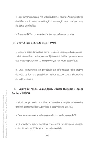 2. Criar mecanismos para os Gestores dos PCS e Fiscais Administrativos
                                                              das UPM administrarem a utilização, manutenção e controle do mate-
                                                              rial carga distribuído;


                                                              3. Prover os PCS com materiais de limpeza e de manutenção.


                                                        e. Oitava Seção do Estado-maior - PM/8


                                                              1. Utilizar o Setor da Subárea como referência para a produção das es-
                                                              tatísticas e análise criminal, com o objetivo de subsidiar o planejamento
                                                              das ações de policiamento e de prevenção nos locais específicos;


                                                              2. Criar instrumento de produção de informações pelo efetivo
                                                              do PCS, de forma a possibilitar melhor estudo para a elaboração
                                                              da análise criminal.


                                                         f.      Centro de Polícia Comunitária, Direitos Humanos e Ações
Comunitários de Segurança Pública no Distrito Federal




                                                        Sociais – CPCDH
Policiamento Inteligente: Uma Análise dos Postos




                                                              1. Monitorar por meio de análise de relatórios, acompanhamento dos
                                                              projetos comunitários e supervisão o desempenho dos PCS;


                                                              2. Controlar e manter atualizado o cadastro do efetivo dos PCS;


                                                              3. Desenvolver e aplicar palestras, orientações e capacitação aos poli-
                                                              ciais militares dos PCS e a comunidade atendida;

                                                                                              182
 