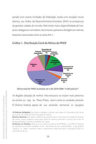parado com outras Unidades da Federação, revela uma situação muito
                                                        distinta, seu Índice de Desenvolvimento Humano (IDH) se compara ao
                                                        de grandes cidades do mundo. Nele existe maior disponibilidade de hos-
                                                        pitais, delegacias e servidores. No entanto, apresenta divergências internas
                                                        bastantes acentuadas entre as várias RA´s.


                                                        Gráfico 1 . Distribuição Geral do Efetivo da PMDF




                                                              Efetivo total da PMDF atualizado até o dia 28/05/2008: 15.206 policiais10.
Comunitários de Segurança Pública no Distrito Federal




                                                        As Regiões dotadas de melhor infra-estrutura se situam mais próximas
Policiamento Inteligente: Uma Análise dos Postos




                                                        ao centro, ou seja, ao Plano Piloto, assim como as unidades policiais.
                                                        O Distrito Federal, apesar de sua extensão territorial, se equipara

                                                        10 Policiais desligados: Esse dado é referente a policiais que saíram em decorrência de outros
                                                        concursos, mas ainda não foram retirados do sistema.
                                                        Diversos destinos: Esse dado é referente aos policiais que se encontram em dispensas diversas,
                                                        tais como: Licença Especial, Licença para tratar de interesse particular e Licença para tratar de
                                                        pessoa da família, cujo prazo ultrapassa seis meses.
                                                        Exclusivos no Trânsito: refere-se ao somatório do efetivo do BPTRAN e da CPRV. O objetivo
                                                        de separá-los das demais unidades foi em decorrência de sua especificidade, o que poderia
                                                        “maquiar” os dados existentes sobre o policiamento disponível para a utilização de fato no
                                                        policiamento de rua.

                                                                                                      50
 