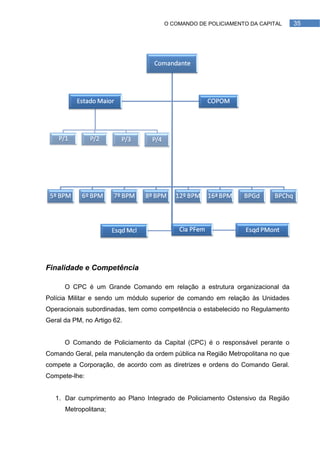 O COMANDO DE POLICIAMENTO DA CAPITAL        35




Finalidade e Competência

      O CPC é um Grande Comando em relação a estrutura organizacional da
Polícia Militar e sendo um módulo superior de comando em relação às Unidades
Operacionais subordinadas, tem como competência o estabelecido no Regulamento
Geral da PM, no Artigo 62.


      O Comando de Policiamento da Capital (CPC) é o responsável perante o
Comando Geral, pela manutenção da ordem pública na Região Metropolitana no que
compete a Corporação, de acordo com as diretrizes e ordens do Comando Geral.
Compete-lhe:


   1. Dar cumprimento ao Plano Integrado de Policiamento Ostensivo da Região
      Metropolitana;
 