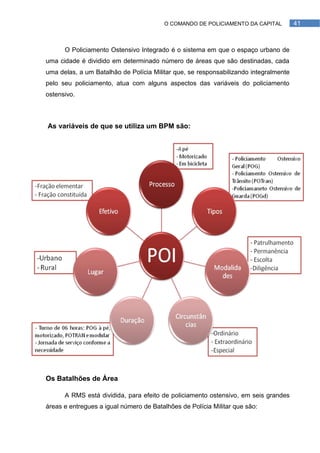 O COMANDO DE POLICIAMENTO DA CAPITAL          41



      O Policiamento Ostensivo Integrado é o sistema em que o espaço urbano de
uma cidade é dividido em determinado número de áreas que são destinadas, cada
uma delas, a um Batalhão de Polícia Militar que, se responsabilizando integralmente
pelo seu policiamento, atua com alguns aspectos das variáveis do policiamento
ostensivo.



As variáveis de que se utiliza um BPM são:




Os Batalhões de Área

      A RMS está dividida, para efeito de policiamento ostensivo, em seis grandes
áreas e entregues a igual número de Batalhões de Polícia Militar que são:
 