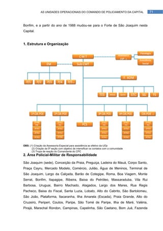 AS UNIDADES OPERACIONAIS DO COMANDO DE POLICIAMENTO DA CAPITAL              71



Bonfim, e a partir do ano de 1988 mudou-se para o Forte de São Joaquim nesta
Capital.


1. Estrutura e Organização




OBS: (1) Criação da Assessoria Especial para assistência ao efetivo da UOp
       (2) Criação da 5ª seção com objetivo de intensificar os contatos com a comunidade
       (3) Tropa de reação do Comandante do CPC
2. Área Policial-Militar de Responsabilidade

São Joaquim (sede), Conceição da Praia, Preguiça, Ladeira do Mauá, Corpo Santo,
Praça Cayru, Mercado Modelo, Comércio, Julião, Água de Meninos, Terminal de
São Joaquim, Largo da Calçada, Barão de Cotegipe, Roma, Boa Viagem, Monte
Serrat, Bonfim, Itapagipe, Ribeira, Baixa do Petróleo, Massaraduba, Vila Rui
Barbosa, Uruguai, Bairro Machado, Alagados, Largo dos Mares, Rua Regis
Pacheco, Baixa do Fiscal, Santa Luzia, Lobato, Alto do Cabrito, São Bartolomeu,
São João, Plataforma, Itacaranha, Ilha Amarela (Escada), Praia Grande, Alto do
Cruzeiro, Periperi, Coutos, Paripe, São Tomé de Paripe, Ilha de Maré, Valéria,
Pirajá, Marechal Rondon, Campinas, Capelinha, São Caetano, Bom Juá, Fazenda
 