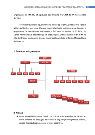 AS UNIDADES OPERACIONAIS DO COMANDO DE POLICIAMENTO DA CAPITAL            89



Organização da PM, QO-04, aprovado pelo Decreto nº 31.451 de 27 de dezembro
de 1984.


      Tendo como primeiro aquartelamento a sede do 6º BPM, ainda na Vila Policial
Militar do Bonfim, que era a Unidade responsável pelo policiamento de trânsito, o
grupamento de motociclistas veio depois a funcionar no quartel do 5º BPM, no
Centro Administrativo, estando hoje em sede própria, junto ao quartel do 6º BPM, no
Alto de Ondina, tendo como área de responsabilidade toda a Região Metropolitana
de Salvador.




1. Estrutura e Organização




2. Missão
      Atuar, essencialmente em missão de policiamento ostensivo de trânsito, e,
      eventualmente, na execução de escoltas e segurança de dignitários, valores,
      cargas de produtos perigosos e eventos esportivos.
 