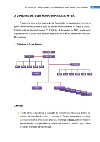 AS UNIDADES OPERACIONAIS DO COMANDO DE POLICIAMENTO DA CAPITAL              91



A Companhia de Polícia Militar Feminina (Cia PM Fem)


      Traduzindo uma antiga aspiração da Corporação no sentido de incorporar a
figura feminina como elemento novo no âmbito do policiamento, foi criada a Cia PM
FEM através do Decreto Estadual Nº 2.905 de 19 de outubro de 1989, tendo como
aquartelamento o prédio onde antes se abrigava o 8º BPM, no interior da VPMB, nos
Dendezeiros.


1. Estrutura e Organização




2 Missão


      Tendo como competência a execução do Policiamento Ostensivo geral e de
      trânsito, tanto na RMS, quanto no restante do Estado, destina-se a promover
      ações que visem a proteção de crianças, mulheres e idosos, além de missões
      outras de apoio em operações de defesa civil, assuntos civis e/ou ação cívico-
      social de interesse da Corporação.
 