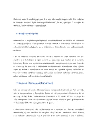 Guatemala para el desarrollo agropecuario de la zona, y la capacitación y educación de la población 
en protección ambiental. El plan abarca aproximadamente 7,500 km y participan 22 municipios de 
Honduras, 15 de Guatemala y 8 de El Salvador. 
6. Integración regional 
Para Honduras, la integración regional parte del reconocimiento de la existencia de una comunidad 
de Estados que aspira a su integración en el marco del SICA, el cual aspira a sustentarse en un 
ordenamiento institucional y jurídico que se fundamente en el respeto mutuo entre los Estados que la 
conforman. 
Entre los propósitos esenciales del sistema está el de alcanzar una unión económica entre sus 
miembros y el de fortalecer la región como bloque económico, para insertarlo en la economía 
internacional. Existen otros propósitos de naturaleza política que merecen ser destacados, dentro de 
los cuales hay que mencionar la consolidación de la democracia, la potenciación de un régimen 
amplio de libertad, la concreción de un nuevo modelo de seguridad, logrando un sistema de 
bienestar y justicia económica y social, y promoviendo el desarrollo sostenido económico, social, 
cultural y político de los Estados miembros de la región. 
7. Derecho Internacional Humanitario 
Entre los primeros instrumentos internacionales se mencionan la Declaración de París de 1865, 
sobre la guerra marítima; el Convenio de Ginebra de 1864, para mejorar el tratamiento de los 
heridos y enfermos de las Fuerzas Armadas en campaña; la Declaración de San Petersburgo de 
1868, sobre prohibición del uso de determinados proyectiles en tiempos de guerra; y la Declaración 
de Bruselas de 1874, sobre leyes y costumbres de guerra. 
Posteriormente, representan hitos fundamentales en el desarrollo del Derecho Internacional 
Humanitario (DIH), las Conferencias de la Haya de 1899 y 1907; los Convenios de Ginebra de 1949 
y sus protocolos adicionales de 1977; la protección de los bienes culturales en caso de conflictos 
 