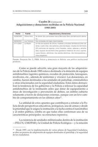 249
EL MODELO POLICIAL BOLIVIANO
Cuadro 26 (Continuación)
Adquisiciones y donaciones recibidas en la Policía Nacional
(1985-2001)
Fecha Fuente Adquisiciones y Donaciones
20/08/2000 Última Hora Se donan dos camionetas marca Mercedez Benz de fabricación alema-
na.
08/09/2001 Los Tiempos Dos toneladas de trajes impermeables.
27/11/2001 La Razón Un lote de equipos de oficina, muebles y enceres domésticos (tres cal-
deras, cuatro ollas, dos sartenes y dos bandejas); vituallas de dormitorio
(20 colchones de esponja, cinco frazadas, catres, sábanas y almoha-
das); equipos de escritorio (tres gaveteros metálicos de cinco cajones,
nueve libreros, alfombras, tres estufas eléctricas, dos fotocopiadoras y
sillas plegables).
Fuente: Proyecto No. 5, PIEB. Policía y democracia en Bolivia: una política institucional
pendiente.
Como se puede advertir, una gran mayoría de las adquisicio-
nes de la Policía desde 1985 estuvo destinada a la dotación de equipos
antidisturbios (agentes químicos, escudos de protección, lanzagases,
revólveres, etc., además de uniformes y víveres). Las donaciones, en
cambio, fueron destinadas a las unidades de patrullaje, criminalística
y otras relacionadas con la seguridad ciudadana. Estos datos demues-
tran la tendencia de los gobiernos y la Policía a reforzar la capacidad
antidisturbios de la institución antes que dotar de equipamiento a
áreas de investigación y prevención de delitos, un ámbito cubierto
solamente a través de donaciones externas, aunque con un leve cam-
bio de comportamiento en los últimos años25
.
La utilidad de estos apuntes que contribuyen a retratar a la Po-
licía desde perspectivas educativas, jerárquicas, uso de armas y desde
la prioridad que le asigna la institución a la lucha contra el narcotráfico
y al orden público, estriba en que todas ellas conforman una de su
características principales: su estructura represiva.
La existencia de unidades militarizadas dentro de la institución
—FELCN, UMOPAR y la Unidad de Policía Ecológica— y la rotación
25
Desde 1997, con la implementación de varios planes de Seguridad Ciudadana,
se abre un proceso de adquisición de equipos destinados al patrullaje y la seguridad
de los ciudadanos.
 