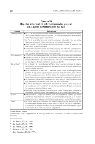 POLICÍA Y DEMOCRACIA EN BOLIVIA
278
Cuadro 36
Registro informativo sobre precariedad policial
en algunos departamentos del país
Ciudad Deficiencias
La Paz y El Alto47
• La PTJ de la zona central no tiene infraestructura adecuada, sólo tiene una ambu-
lancia y no cuenta con vehículos propios. Los policías ponen dinero de su bolsillo.
Faltan máquinas de escribir y escritorios.
• La PTJ de la zona Sur tampoco tiene infraestructura adecuada. Tiene una ambu-
lancia y un automóvil. Faltan máquinas de escribir y computadoras.
• Radio Patrulla 110 tiene una central telefónica obsoleta y de los 34 vehículos con
que cuenta, 10 están averiados.
• Tránsito tiene 30 motocicletas, dos ambulancias y dos vehículos. La ambulancia
es utilizada tanto para el levantamiento de cadáveres como para la toma de mues-
tras. Le hacen falta un laboratorio y computadoras.
Cochabamba48
• En la PTJ se ven obligados a archivar los casos por falta de recursos para investigarlos.
• Los salarios, como en todo el país, son míseros. Un policía subalterno declaró que
gana 800 bolivianos y que para mantener a sus cinco hijos se ve obligado a tran-
sar con algunas de las partes de los casos que atiende.
Santa Cruz49
• En la División de Homicidios de la PTJ no tienen guantes ni bolsas de plástico
para los levantamientos de cadáveres. Los agentes ponen dinero de sus bolsillos.
Tampoco tienen gasolina.
• Radio Patrullas 110 cuenta con 31 vehículos, de los cuales 20 están paralizados
por falta de repuestos. El patrullaje de la ciudad, de cuatro turnos, está cubierto
por 11 unidades que reciben 30 litros diarios. Por el poco combustible, optan por
parar el vehículo en una esquina y esperar que alguien cometa alguna infracción.
• La línea telefónica del GES fue retirada por falta de pago. Tiene 15 motocicletas,
sólo nueve están en buenas condiciones y el resto paralizadas.
• La Policía Montada tenía 18 caballos, 2 murieron de hambre. De los 16 que que-
daron, sólo seis son “montables”, al resto hay que domarlos. El baño no funciona,
les cortaron el agua por falta de pago.
• La Brigada Femenina no tiene agua ni luz hace tres meses, 15 funcionarias, incluyendo su
comandante, deben recurrir a la buena voluntad de un vecino para poder usar su baño.
Sucre50
• Los policías de Chuquisaca también viven en una pobreza extrema que no les
permite ser más eficientes; no tienen una alimentación adecuada y, en muchos
casos, no tienen ni siquiera proyectiles para sus armas y peor uniformes nuevos.
Tarija51
• La Policía departamental soporta una grave crisis económica, al extremo de que
hace tres meses adeuda el pago de los servicios básicos —agua, luz y teléfono—;
si no se hace el desembolso oportuno, esos servicios serán interrumpidos, dijo el
Comandante de la institución, coronel Edgar Pardo.
Fuente: Prensa escrita.
Elaboración: PIEB. Proyecto No. 5. Policía y democracia en Bolivia: una política institucional
pendiente.
47
La Razón, 05/10/1999.
48
La Razón, 05/10/1999.
49
La Razón, 30/09/1999.
50
Presencia, 01/10/1999.
51
Los Tiempos, 17/10/1999.
 