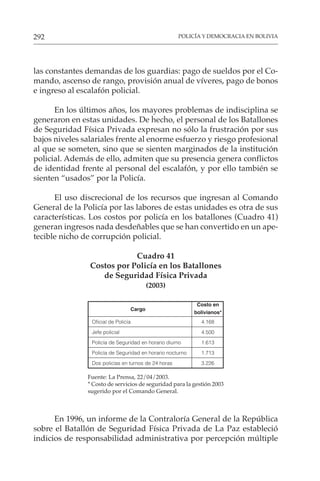 POLICÍA Y DEMOCRACIA EN BOLIVIA
292
las constantes demandas de los guardias: pago de sueldos por el Co-
mando, ascenso de rango, provisión anual de víveres, pago de bonos
e ingreso al escalafón policial.
En los últimos años, los mayores problemas de indisciplina se
generaron en estas unidades. De hecho, el personal de los Batallones
de Seguridad Física Privada expresan no sólo la frustración por sus
bajos niveles salariales frente al enorme esfuerzo y riesgo profesional
al que se someten, sino que se sienten marginados de la institución
policial. Además de ello, admiten que su presencia genera conflictos
de identidad frente al personal del escalafón, y por ello también se
sienten “usados” por la Policía.
El uso discrecional de los recursos que ingresan al Comando
General de la Policía por las labores de estas unidades es otra de sus
características. Los costos por policía en los batallones (Cuadro 41)
generan ingresos nada desdeñables que se han convertido en un ape-
tecible nicho de corrupción policial.
Cuadro 41
Costos por Policía en los Batallones
de Seguridad Física Privada
(2003)
Cargo
Costo en
bolivianos*
Oficial de Policía 4.168
Jefe policial 4.500
Policía de Seguridad en horario diurno 1.613
Policía de Seguridad en horario nocturno 1.713
Dos policías en turnos de 24 horas 3.226
Fuente: La Prensa, 22/04/2003.
* Costo de servicios de seguridad para la gestión 2003
sugerido por el Comando General.
En 1996, un informe de la Contraloría General de la República
sobre el Batallón de Seguridad Física Privada de La Paz estableció
indicios de responsabilidad administrativa por percepción múltiple
 