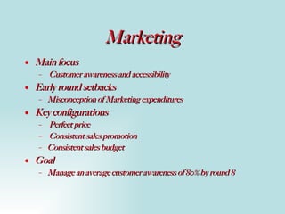Marketing Main focus Customer awareness and accessibility  Early round setbacks Misconception of Marketing expenditures Key configurations Perfect price Consistent sales promotion  Consistent sales budget  Goal Manage an average customer awareness of 80% by round 8 