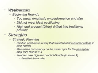 Weaknesses Beginning Rounds Too much emphasis on performance and size Did not meet ideal positioning High end product (Dixie) drifted into traditional product Strengths Strategic Planning Position products in a way that would benefit  customer criteria  in later rounds  Maintained consistency on the sweet spot for the  perceptual map  from rounds 4-8 Invented new high end product-Dundle (in round 2) Benefited future sales 