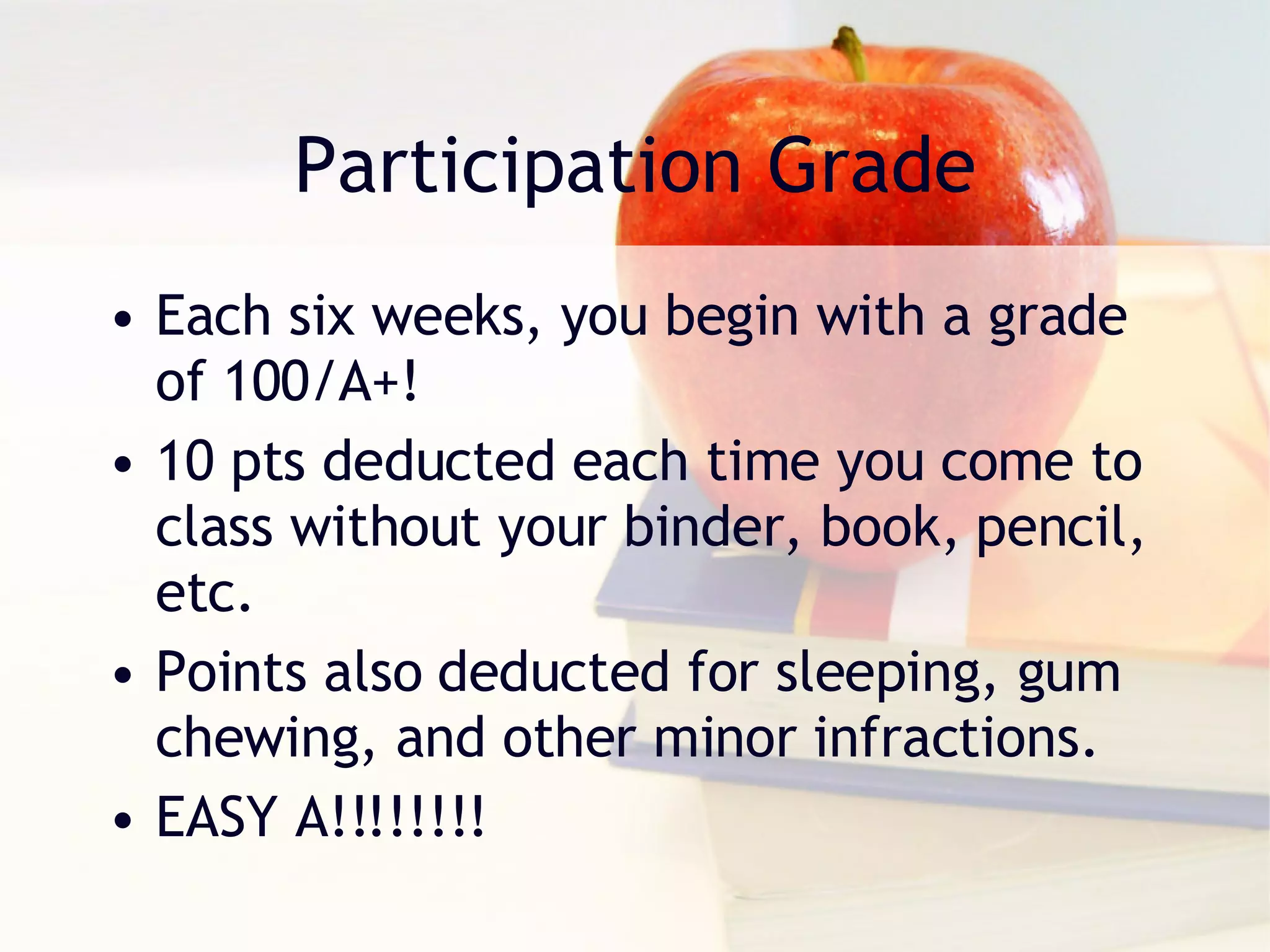 Participation Grade Each six weeks, you begin with a grade of 100/A+! 10 pts deducted each time you come to class without your binder, book, pencil, etc. Points also deducted for sleeping, gum chewing, and other minor infractions. EASY A!!!!!!!! 