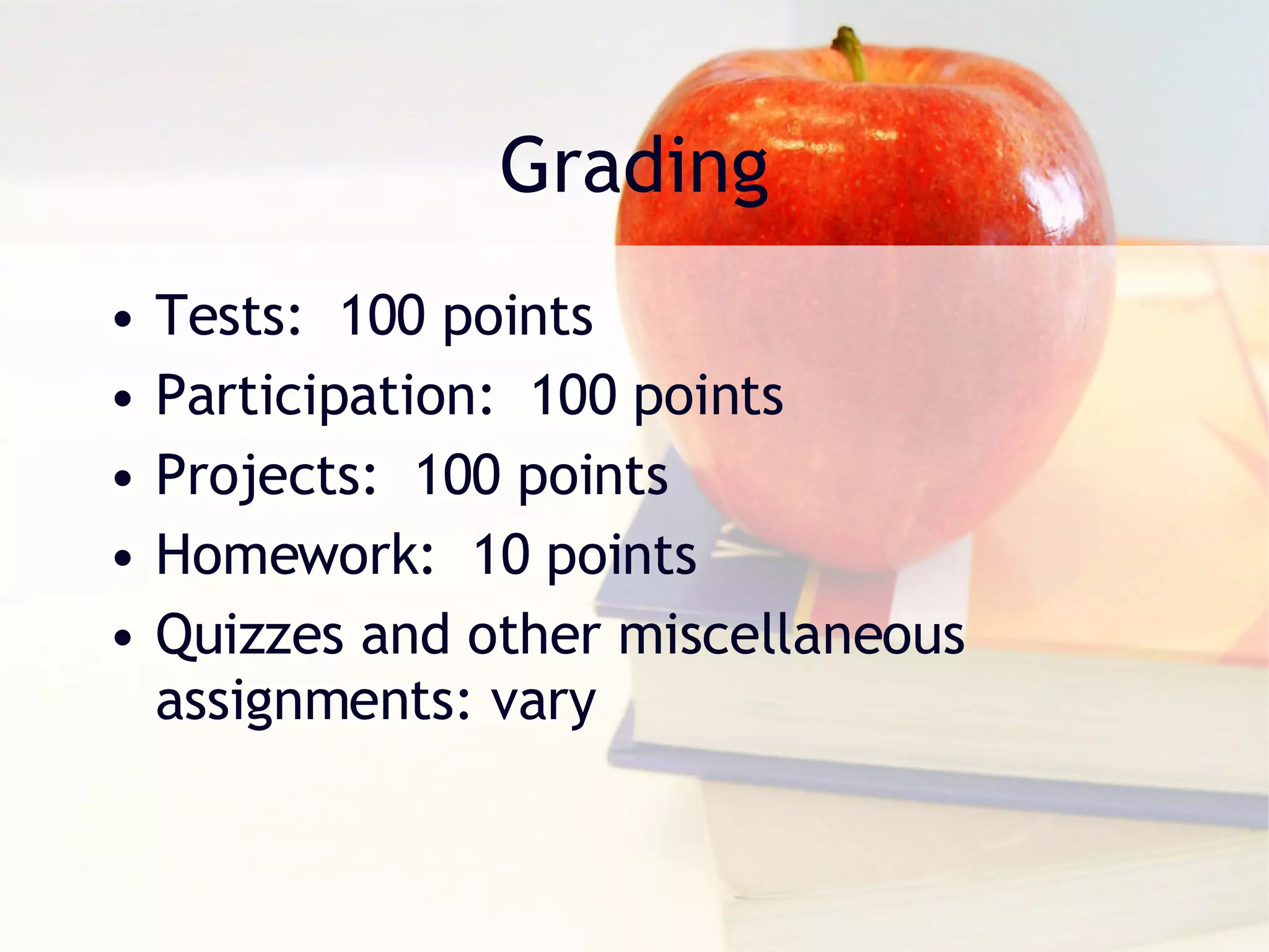 Grading Tests:  100 points Participation:  100 points Projects:  100 points Homework:  10 points Quizzes and other miscellaneous assignments: vary 