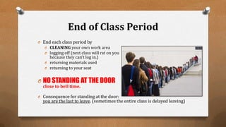 End of Class Period
O End each class period by
O CLEANING your own work area
O logging off (next class will rat on you
because they can’t log in.)
O returning materials used
O returning to your seat
O NO STANDING AT THE DOOR
close to bell time.
O Consequence for standing at the door:
you are the last to leave. (sometimes the entire class is delayed leaving)
 