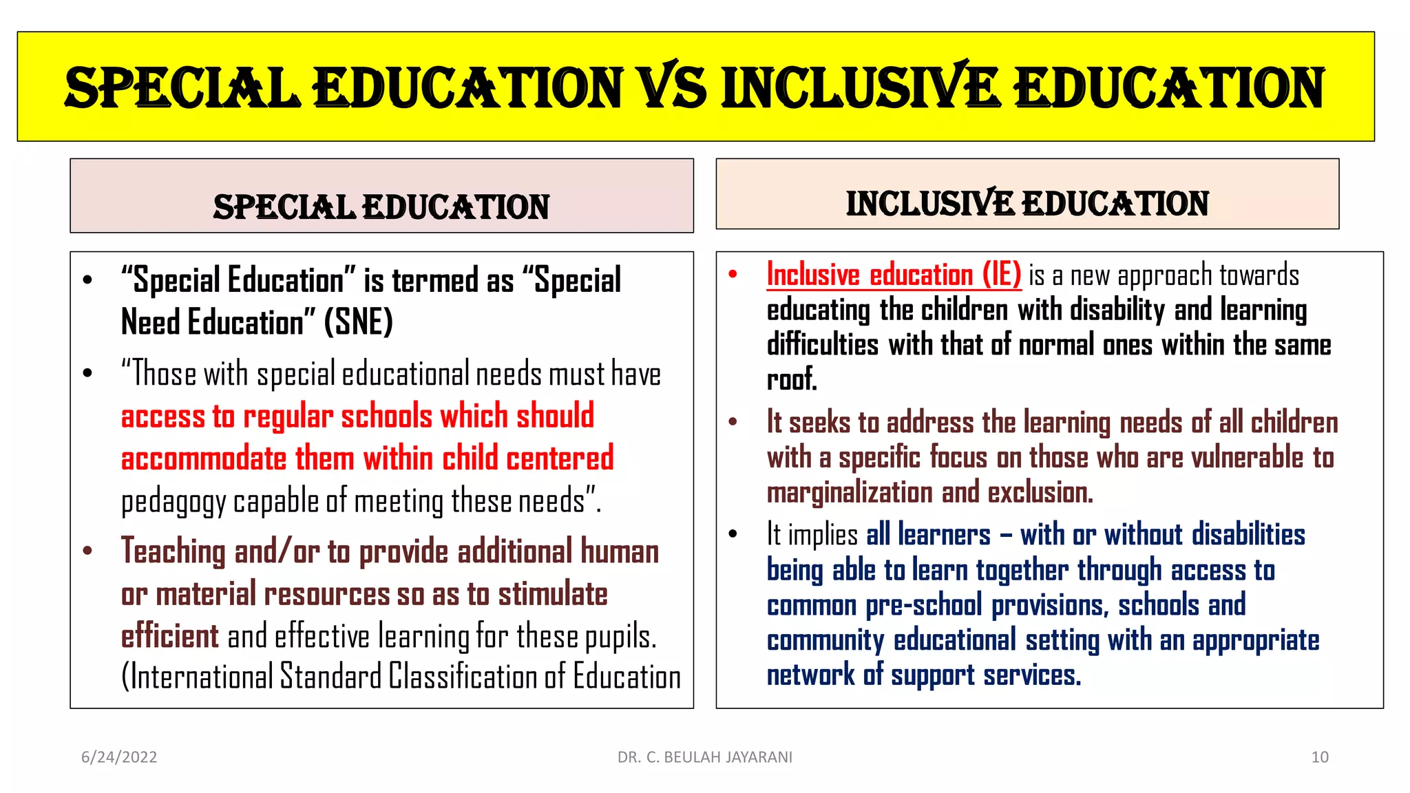 SPECIAL EDUCATION VS INCLUSIVE EDUCATION
SPECIAL EDUCATION
• “Special Education” is termed as “Special
Need Education” (SNE)
• “Those with specialeducationalneeds musthave
access to regular schools which should
accommodate them within child centered
pedagogy capableof meeting theseneeds”.
• Teaching and/or to provide additional human
or material resources so as to stimulate
efficient and effective learningfor these pupils.
(InternationalStandard Classification of Education
INCLUSIVE EDUCATION
• Inclusive education (IE) is a new approach towards
educating the children with disability and learning
difficulties with that of normal ones within the same
roof.
• It seeks to address the learning needs of all children
with a specific focus on those who are vulnerable to
marginalization and exclusion.
• It implies all learners – with or without disabilities
being able to learn together through access to
common pre-school provisions, schools and
community educational setting with an appropriate
network of support services.
6/24/2022 DR. C. BEULAH JAYARANI 10
 