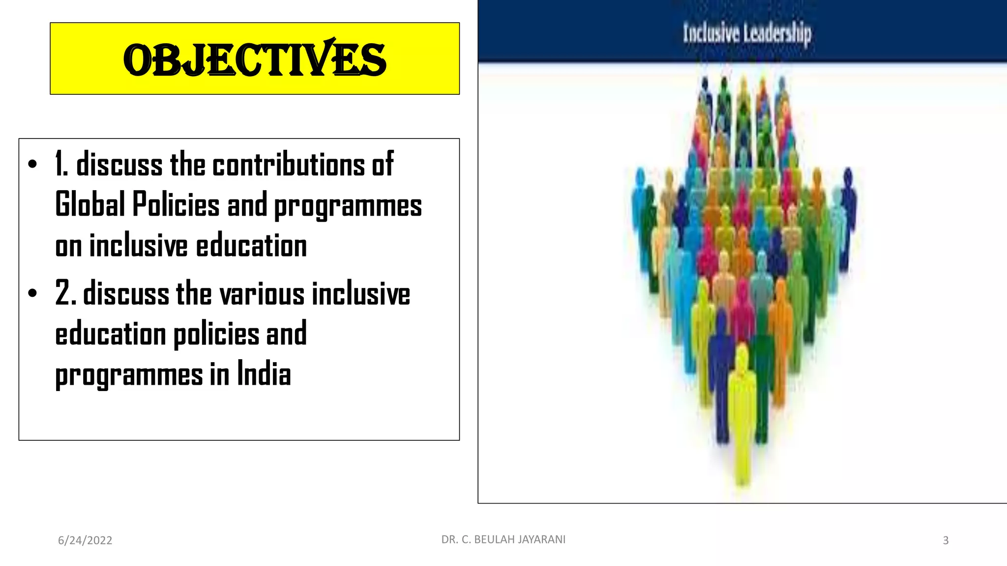 OBJECTIVES
• 1. discuss the contributions of
Global Policies and programmes
on inclusive education
• 2. discuss the various inclusive
education policies and
programmes in India
6/24/2022 DR. C. BEULAH JAYARANI 3
 