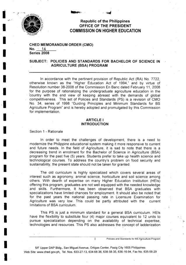 policies and standards for bachelor of science in agriculture program bs bachelor of science