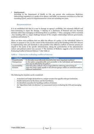 Chaire ESSEC Santé Page 6
• Imprisonment:
According to the Department of Health in UK, any person who contravenes Medicines
(Advertising) regulation 21 is guilty of an offence, and liable, on summary conviction to a fine not
exceeding £5000, and/or to imprisonment for a term not exceeding two years.
Recommendations
It is an established fact that it is easy to damage an agency’s credibility, but extremely difficult and
time-consuming to repair the damage. [5] Relying on a disclosure of financial and non financial
interests rather than managing or eliminating them is a problem. [7] Thus, managing a COI is essential
; but, handling COI is a major challenge because of the complex relationships between government,
academia and industry. [8].
There are three main problems that can affect the efficacy of a policy: (1) the individuals’ failure to
declare on purpose or not, (2) the control of the declarations and (3) the handling of the COI. Success
in implementing rules and standards is only possible if the different conflicts of interest systems are
shaped to the needs of the specific administration, taking the particularities of the administrative
culture and political context into account. [9] The Institute of Medicine suggests a list of criteria for
Evaluating Conflict of Interest Policies. [2] (See Table 2)
Table 2 – Criteria for evaluating conflict of interest
Criterion Description
Proportionality Is the policy most efficiently directed at the most important conflicts?
Transparency Is the policy comprehensible and accessible to the individuals and institutions
that may be affected by the policy?
Accountability Does the policy indicate who is responsible for enforcing and revising it?
Fairness Does the policy apply equally to all relevant groups within an institution and in
different institutions?
The following list of points can be considered:
- A standard and single declaration to a unique receptor but specific rules per institution;
- Double declaration by the donor and the beneficiary;
- An identified committee for handling conflicts of interest;
- An “Algorithm d’aide à la décision” (or assessment tool) to evaluating the COI and managing
them.
 